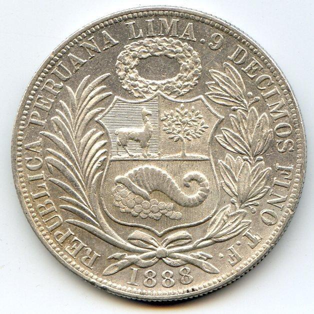 Peru 1888-TF/BF silver 1 sol lustrous XF/AU