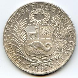 Peru 1888-TF/BF silver 1 sol lustrous XF/AU