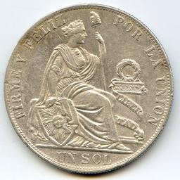 Peru 1888-TF/BF silver 1 sol lustrous XF/AU