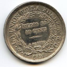 Bolivia 1891 CB silver 50 centavos XF