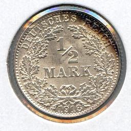 Germany 1918-D silver 1/2 mark choice BU