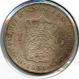 Netherlands 1931 silver 1 gulden toned AU/UNC