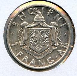 Albania 1935 silver 1 frang ar AU
