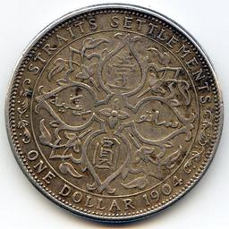 Straits Settlements 1904 silver 1 dollar about XF