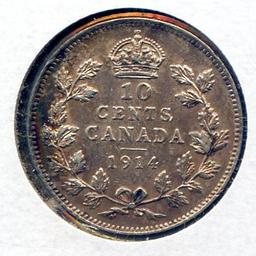 Canada 1914 silver 10 cents choice toned AU