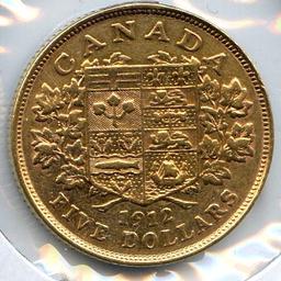 Canada 1912 GOLD 5 dollars about XF details