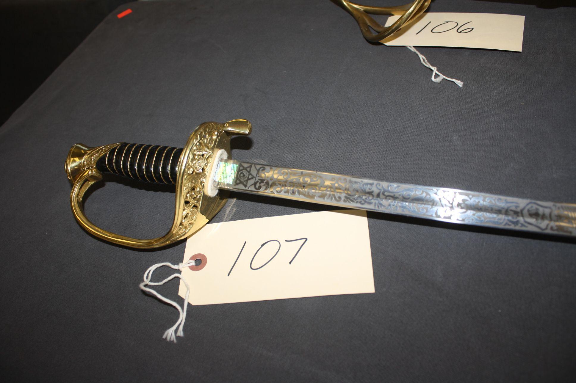 U.S. MARINES DRESS SWORD WITH INLAY & BRASS & LEATHER SCABBARD, MARKED ATLANTA CUTLERY, INDIA, WINDL