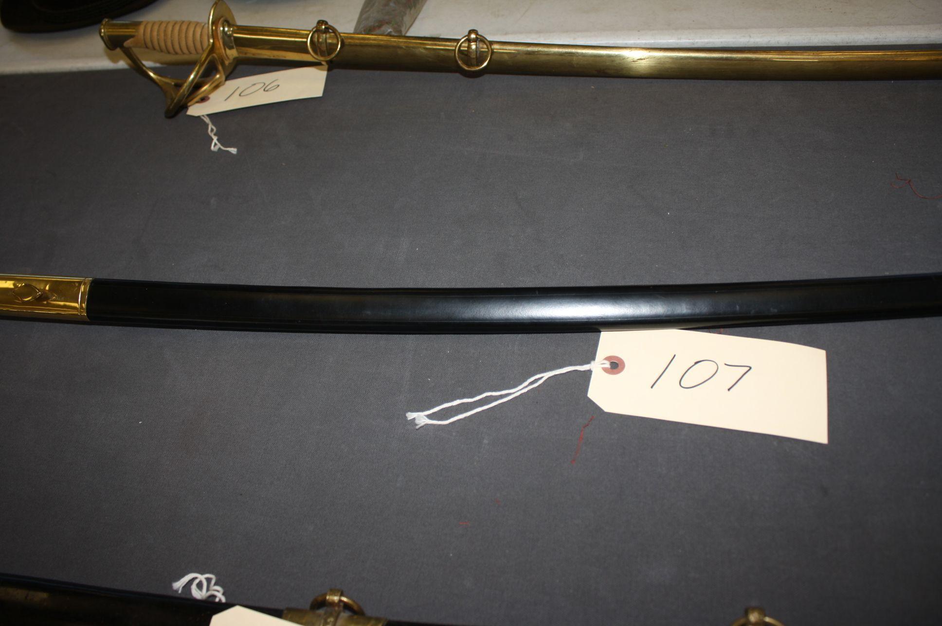 U.S. MARINES DRESS SWORD WITH INLAY & BRASS & LEATHER SCABBARD, MARKED ATLANTA CUTLERY, INDIA, WINDL