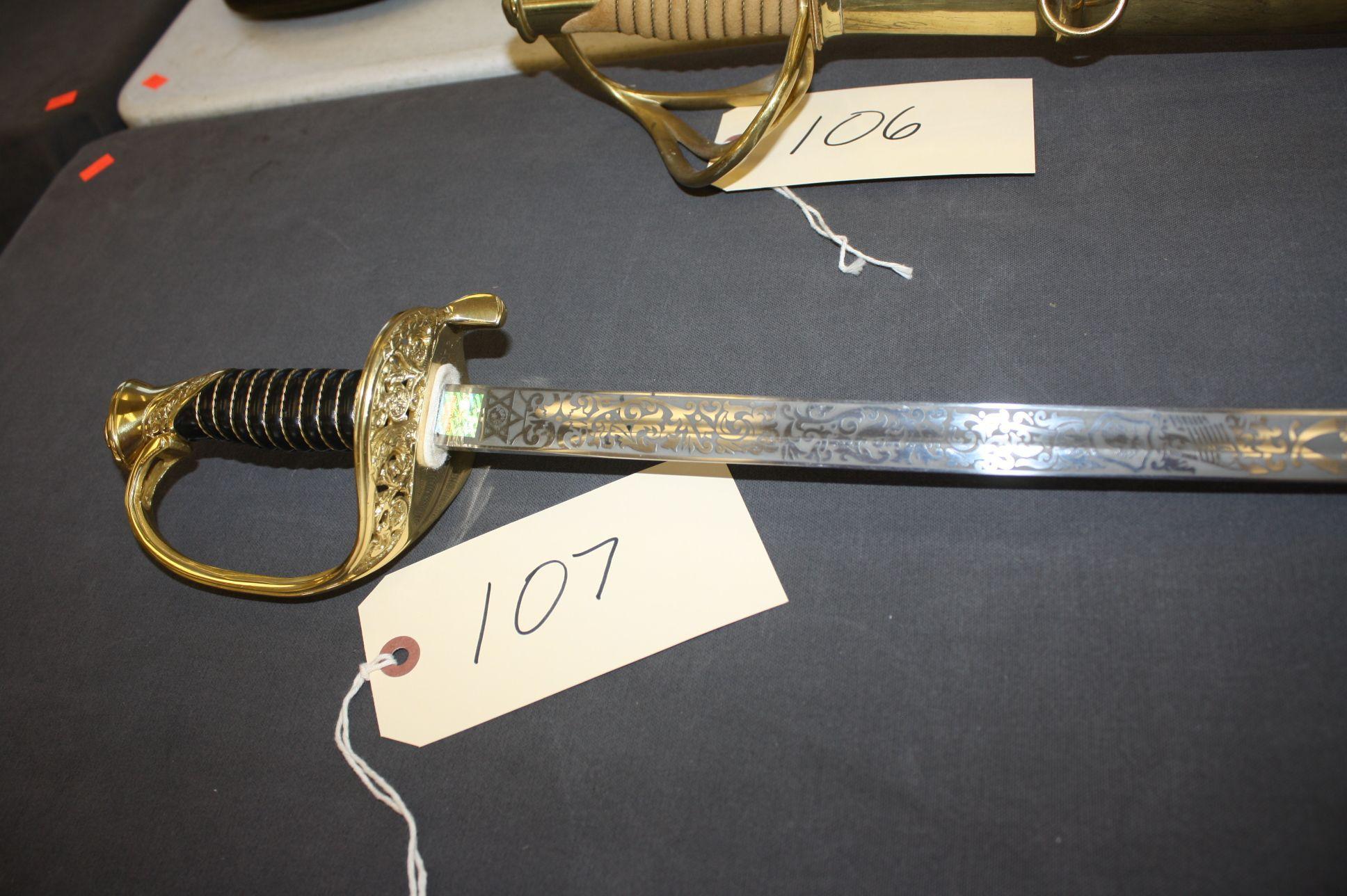 U.S. MARINES DRESS SWORD WITH INLAY & BRASS & LEATHER SCABBARD, MARKED ATLANTA CUTLERY, INDIA, WINDL