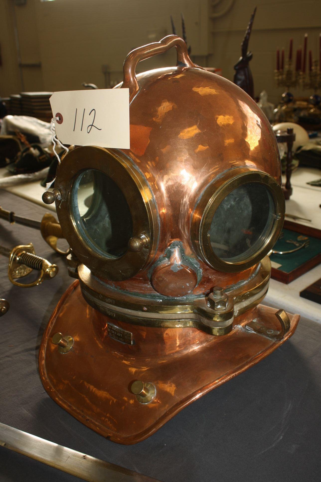 RUSSIAN NAVY SPECIAL FORCES "DIVERSSANT" COPPER DIVING HELMET WITH FRONT & DUAL SIDE WINDOWS WITH RU