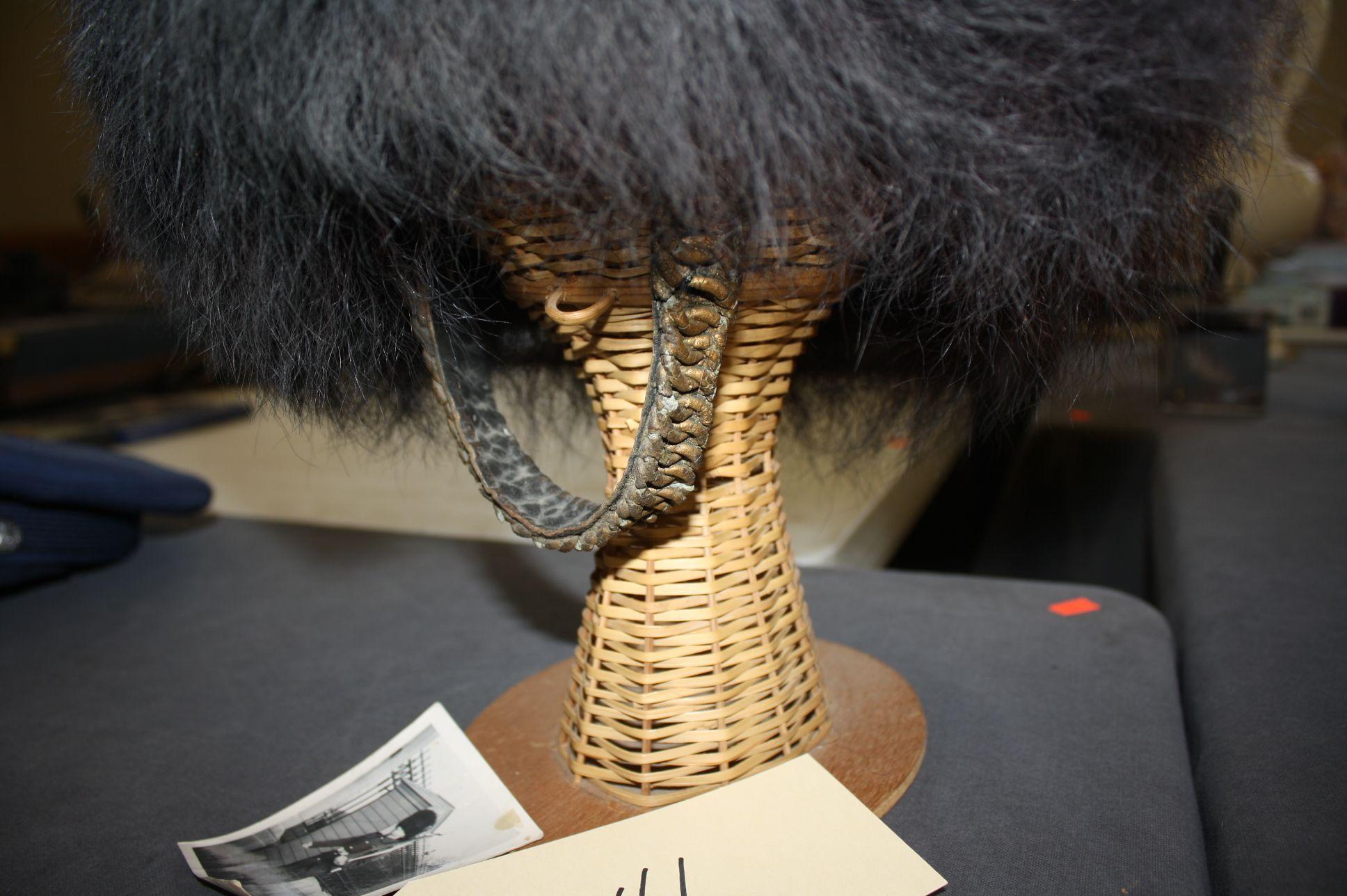 GENUINE COLDSTREAM GUARD BEAR SKIN HELMET WITH ORIGINAL LEATHER INSIDE HELMET, CIRCA 1970