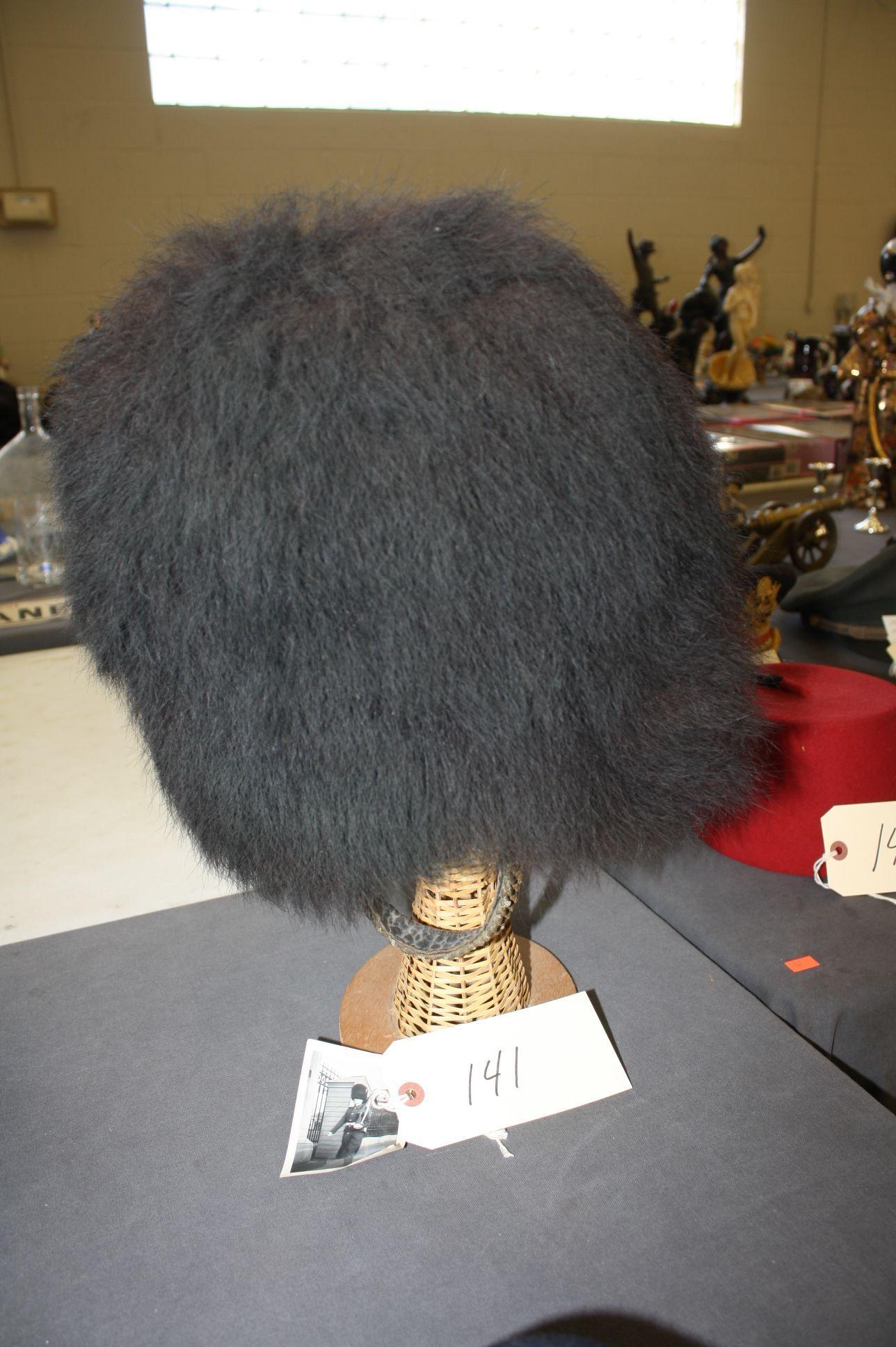 GENUINE COLDSTREAM GUARD BEAR SKIN HELMET WITH ORIGINAL LEATHER INSIDE HELMET, CIRCA 1970