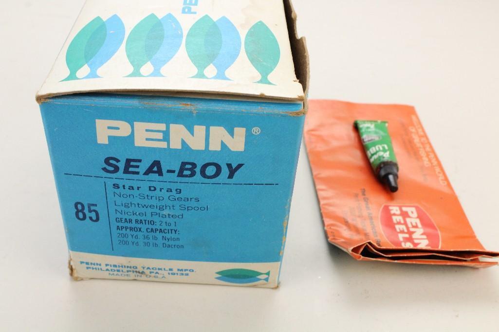 1 PENN NO.85 SEABOY REEL W/BOX, CATALOG & PENN REEL LUBE TUBE.