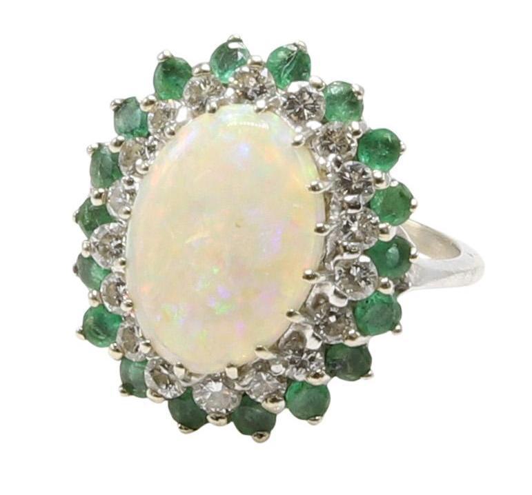 14KW Gold Opal, Diamond and Emerald Ring