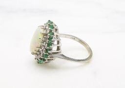 14KW Gold Opal, Diamond and Emerald Ring