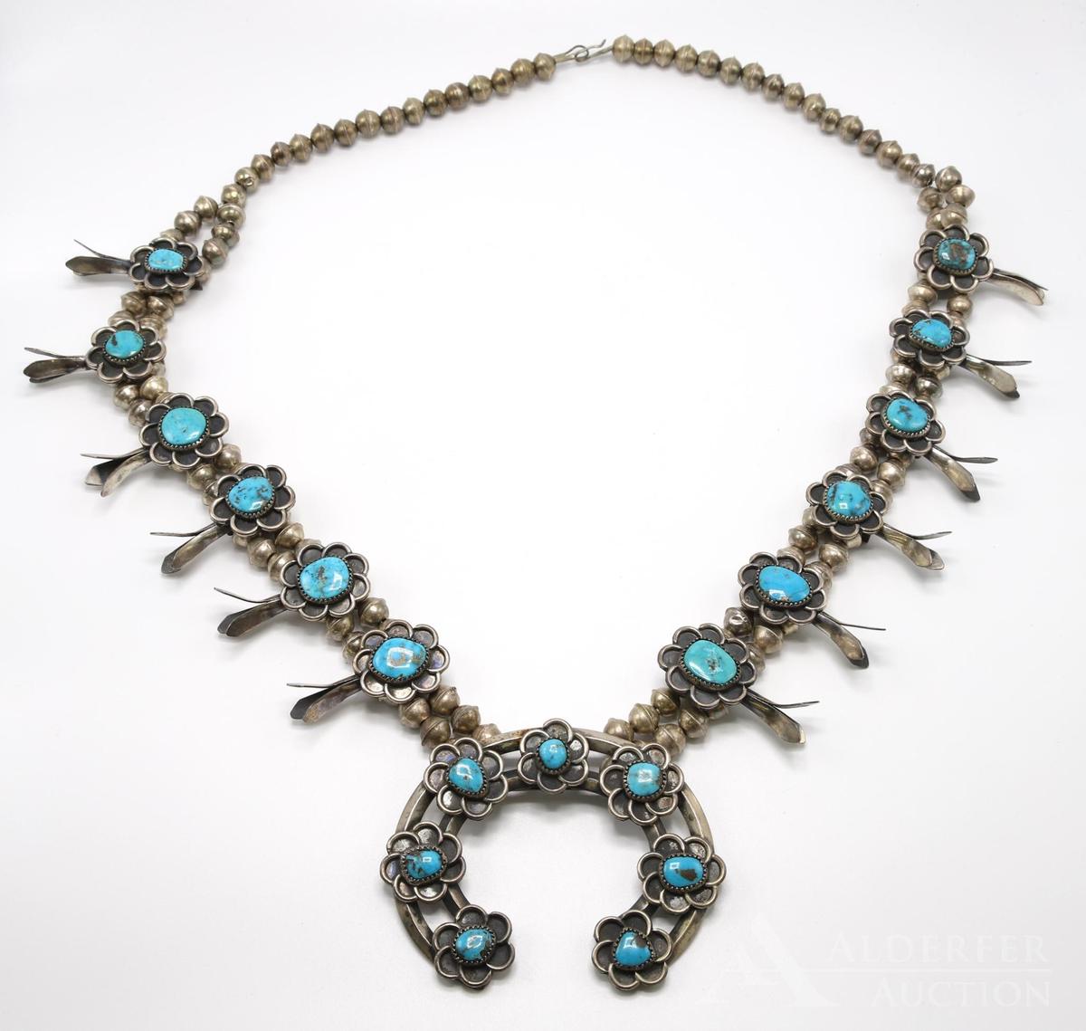 Sterling Silver Turquoise Squash Blossom Necklace