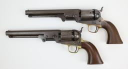 Pair of Presentation Colt Model 1851 Navy Revolvers Housed In Original Pommel Holsters Presented to