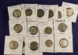 Lot of 15, Silver WWII Jefferson Nickels