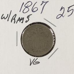 1867 - SHIELD NICKEL WITH RAYS - VG