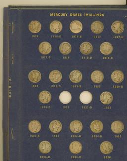 PARTIAL SET OF MERCURY DIMES - 58 COINS IN WHITMAN BOOKSHELF ALBUM