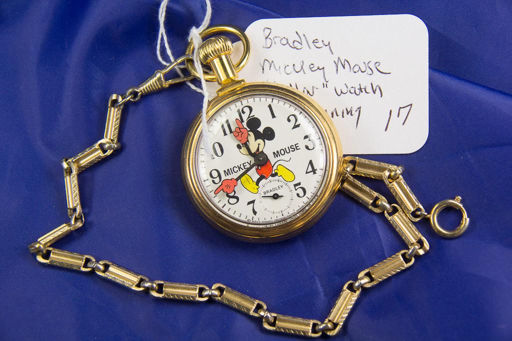 BRADLEY "MICKEY MOUSE"  DOLLAR POCKET WATCH WITH CHAIN - RUNS