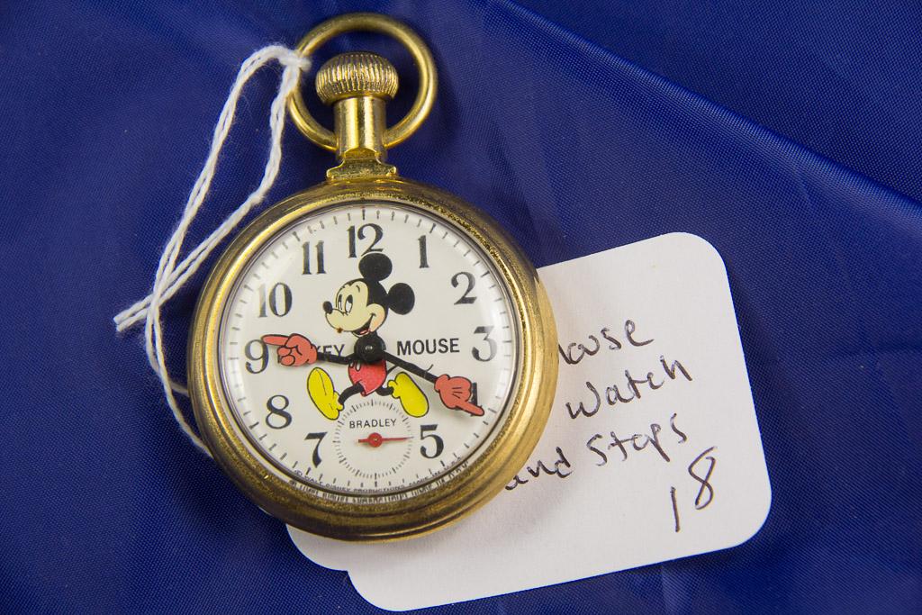 BRADLEY "MICKEY MOUSE"  DOLLAR POCKET WATCH WITH CHAIN - RUNS AND STOPS