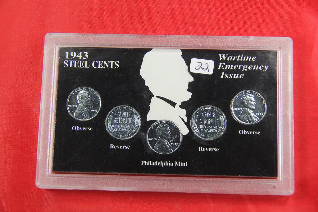 SET OF 1943-P,D,S +2 WWII STEEL CENTS IN CASE