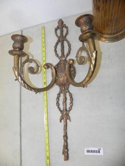 Heavy ornate antique brass candle sconce and brass umbrella stand.
