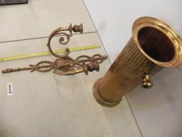 Heavy ornate antique brass candle sconce and brass umbrella stand.