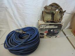 50' air hose with chuck, 3 way emergency air compressor and a Thomas 600-8 diaphragm sprayer.