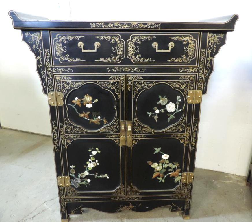 Pair of Black lacquer oriental nightstands with stone accents.