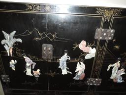 Black Lacquer ornate oriental buffet made by Jinlong furniture.