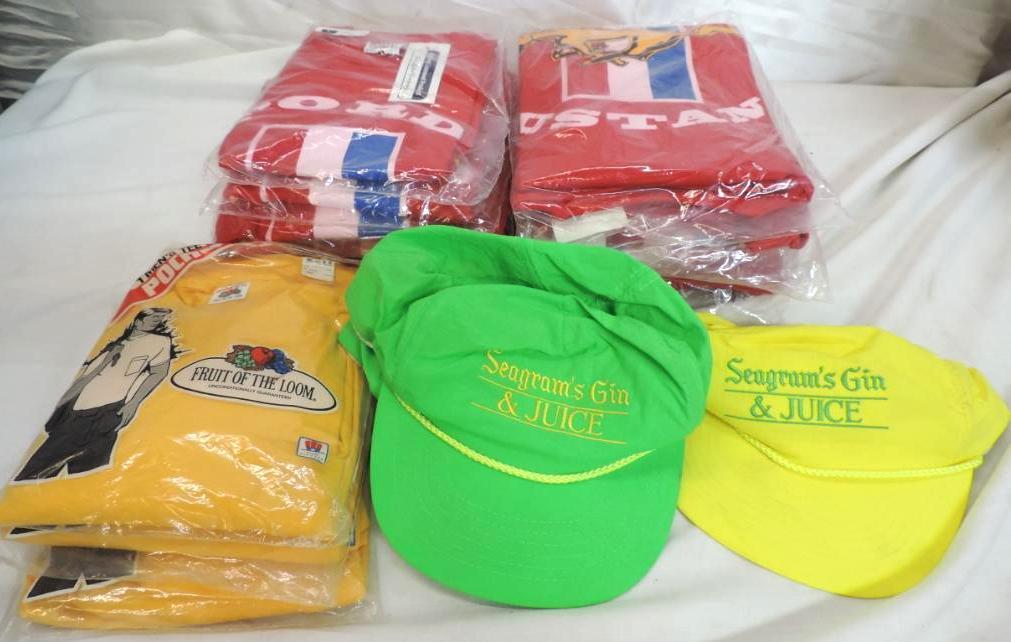 13 new size large Ford T-shirts, 3 Vintage Seagrams gin & juice hats and 3 yellow med T-shirts.