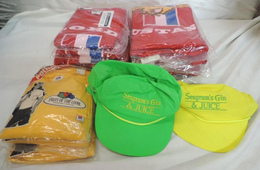 13 new size large Ford T-shirts, 3 Vintage Seagrams gin & juice hats and 3 yellow med T-shirts.