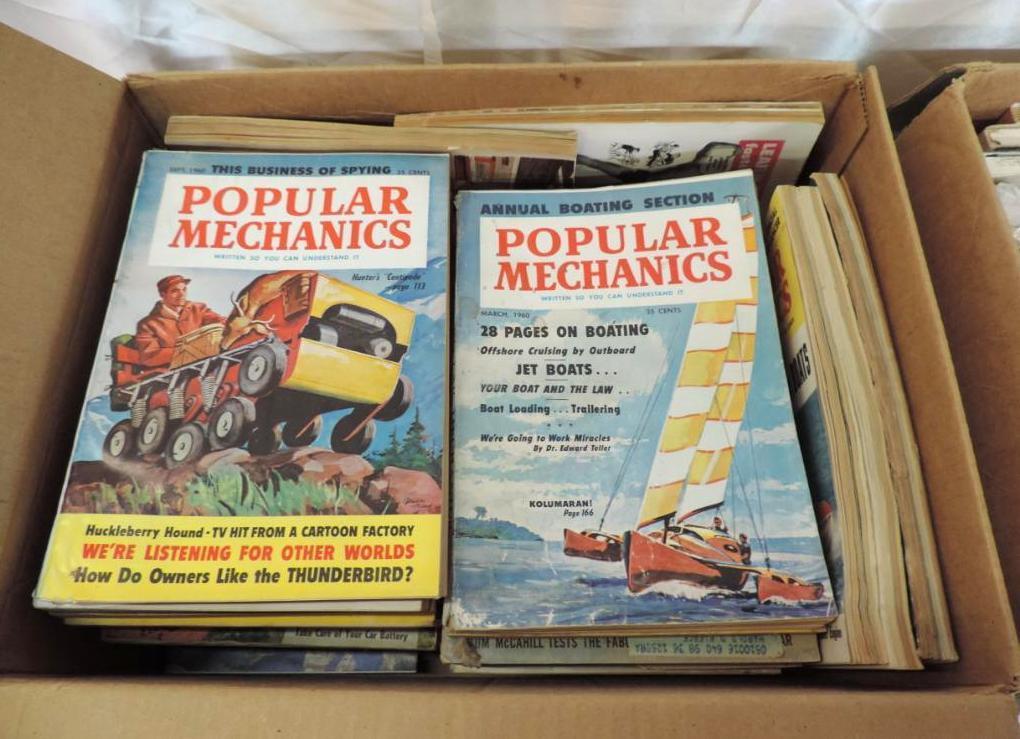 2 boxes of 1950's / 1960's Popular Mechanics magazines.