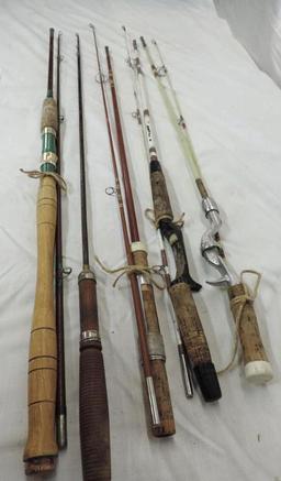 Vintage wood handled telescoping rod and 4 unmarked 2 piece rods.