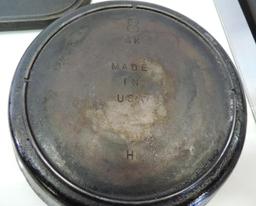 17" cast iron griddle, #8 SK USA made frying pan and 11.5" Benjamin Medwing cast iron skillet.