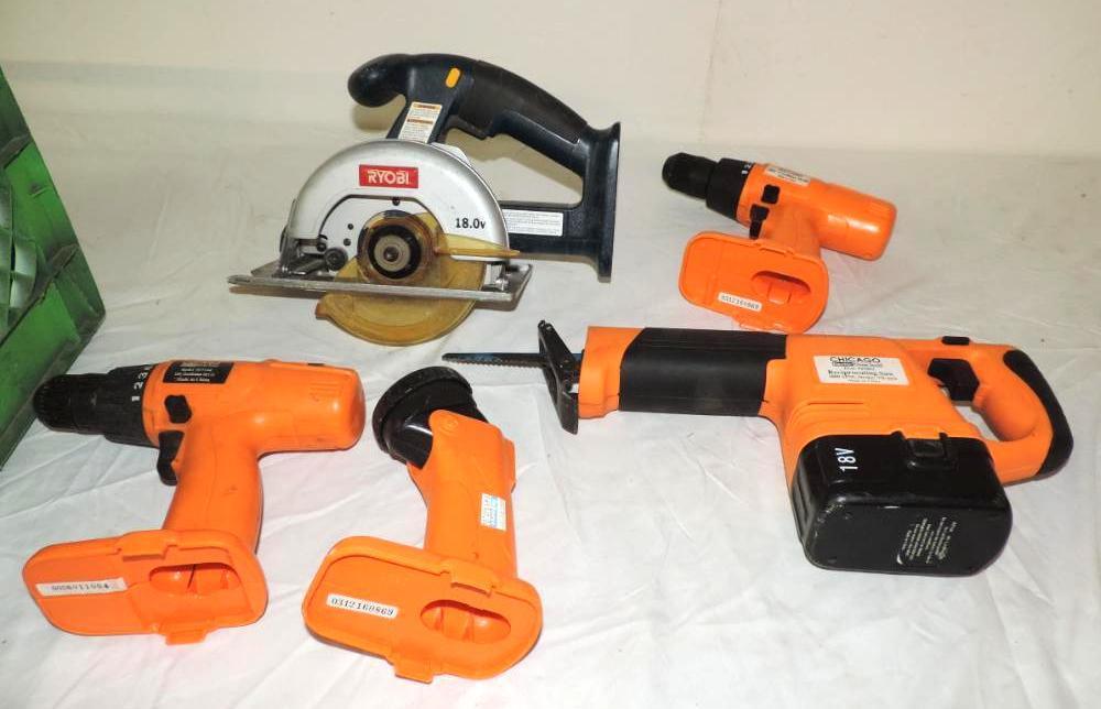 18 volt Chicago Electric recip saw, 2 drills, light and 18volt Ryobi cordless saw.