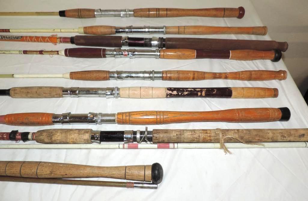 Dawai 1572 Surf casting rod, 7 wood handled rods and 2 piece cork handled rod.