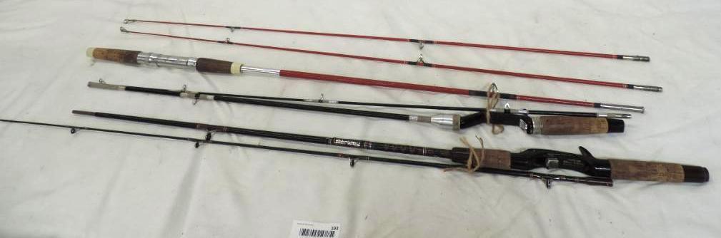 Berkley CP10 6.5' rod, Zebco 6', and USA marked 6.5' red and blue rod with 2 tips.