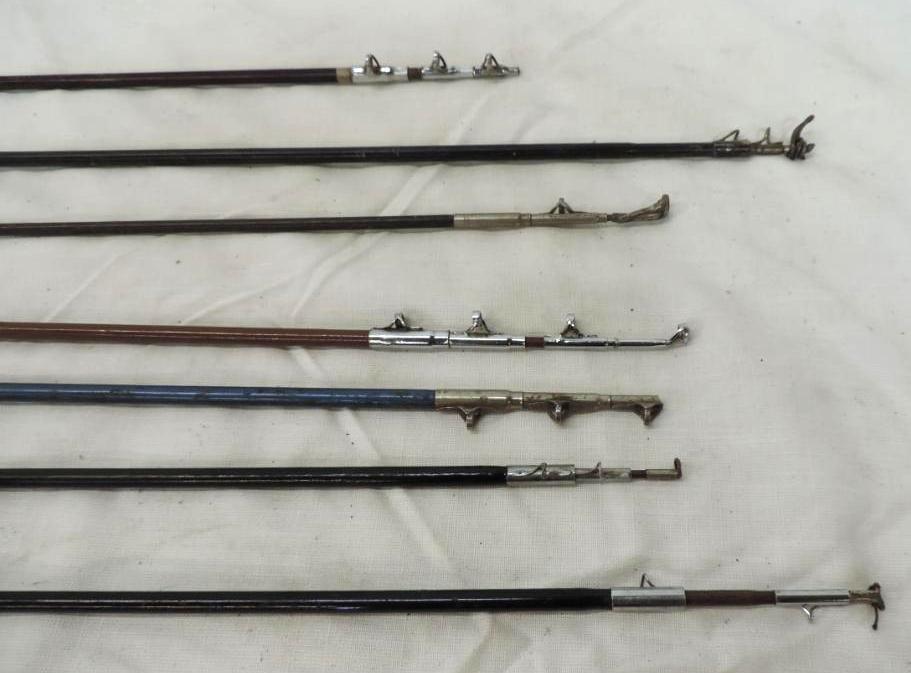 7 vintage telescoping rods. Sport king model 155-R, Union Hardware, J.C. Higgins, Hiawatha and more.
