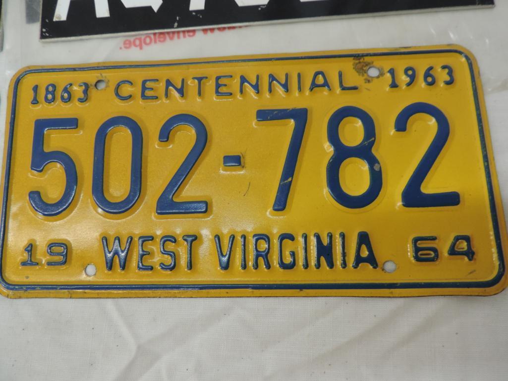 2 Sets of VA antique vehicle plates, 1963 centennial West Virginia plate and 1982 VA plate.