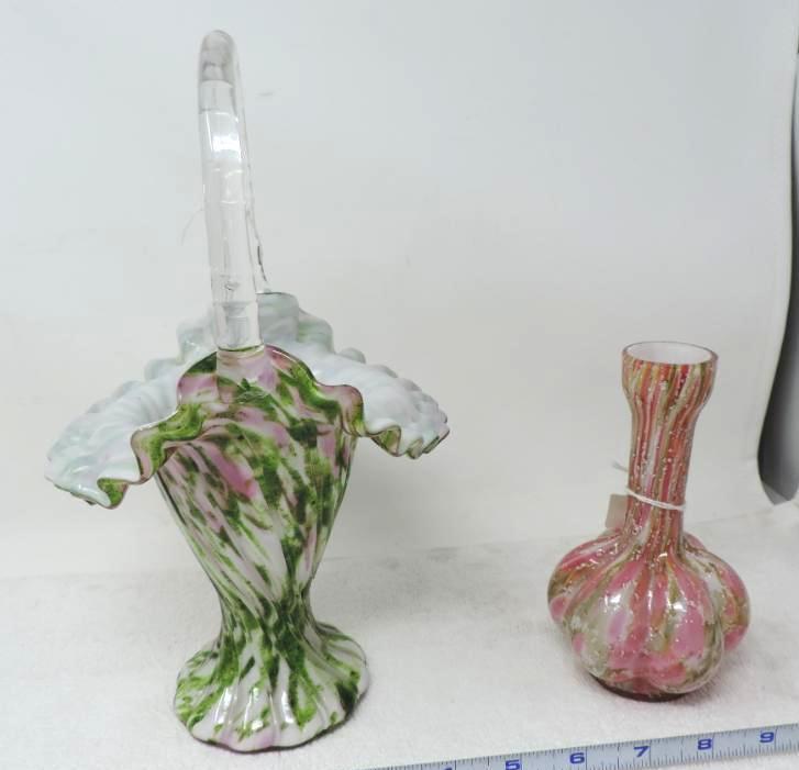 Unmarked Fenton art glass basket and Pink art glass vase with small chip on the lid.
