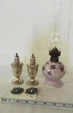 Weighted sterling salt and pepper, circa 1910 hand painted oil lamp and set of clip on earrings.
