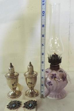 Weighted sterling salt and pepper, circa 1910 hand painted oil lamp and set of clip on earrings.