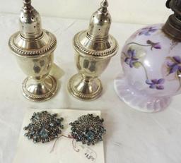 Weighted sterling salt and pepper, circa 1910 hand painted oil lamp and set of clip on earrings.