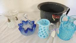 8" royal graniteware pot, blue crackle basket, 2 blue cruets and more.