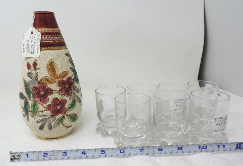 7 three inch candlewick juice glasses and 8" circa 1900 Tapestry vase in good condition.