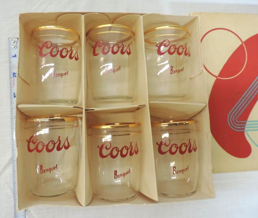 Set of 6 1950's Coors banquet 3" beer glasses.