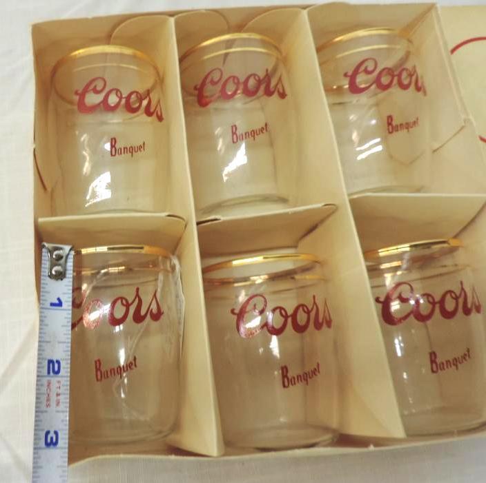 Set of 6 1950's Coors banquet 3" beer glasses.